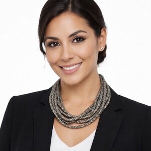 Gunmetal Multi Strand Popcorn Chain Bib Necklace Layered Preppy‎ Chic 103-52